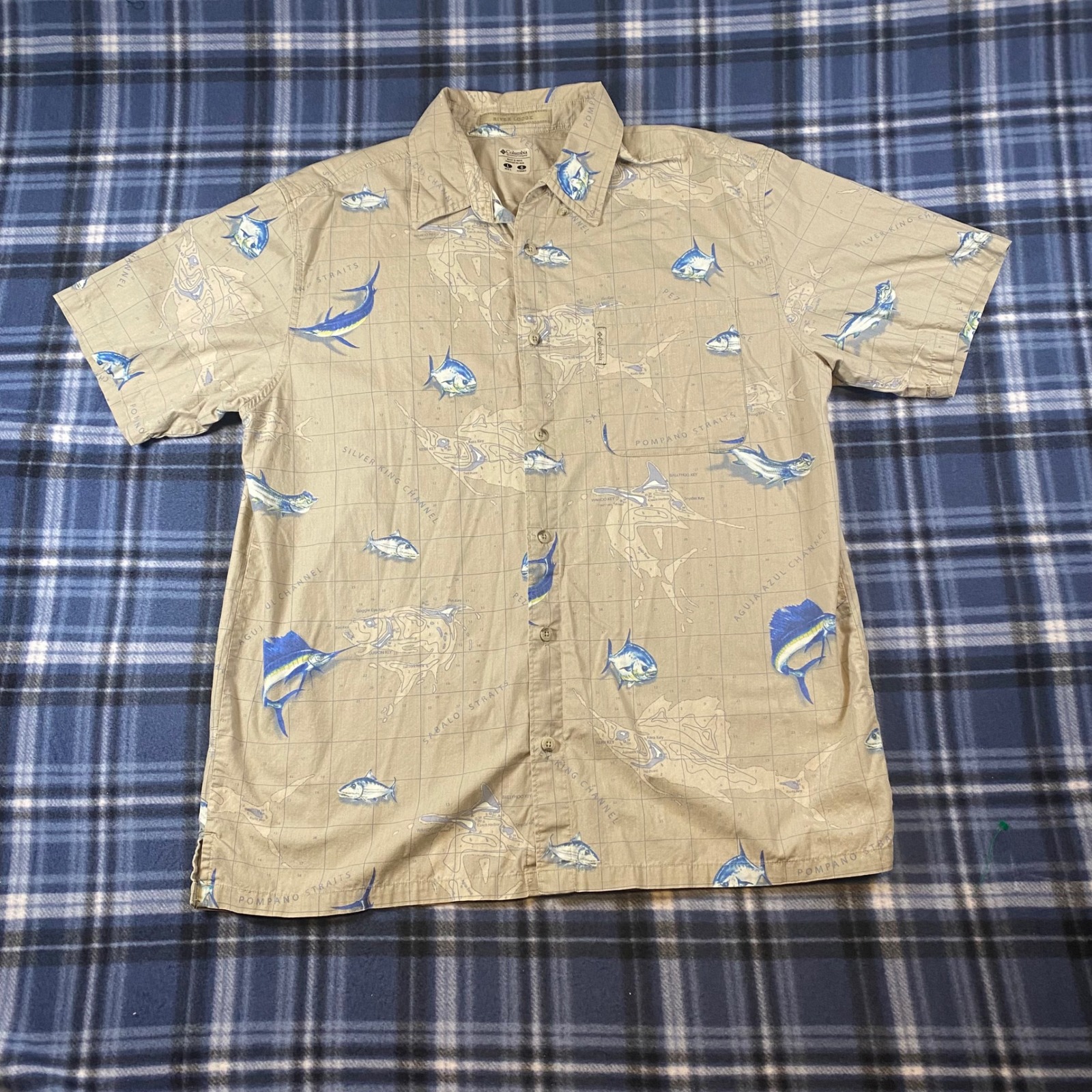 Columbia River Lodge Mens Large Tan Fish Nautical Map Button Down Shirt Fm7262